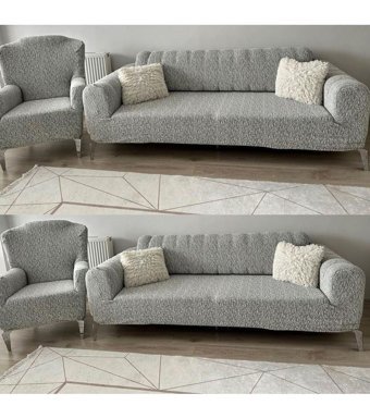 Faiend Jakarlı Süngersiz Çizgili Giydirmeli Gri 3-3-1-1 Koltuk Örtüsü 230x180 cm