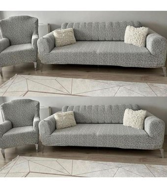 Faiend Jakarlı Süngersiz Çizgili Giydirmeli Gri 3-3-1-1 Koltuk Örtüsü 230x180 cm