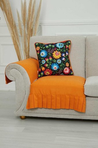 Aisha's Design KTK-3 Polyester Örgü Pileli Süngersiz Düz Turuncu Tekli Koltuk Örtüsü 90x75 cm