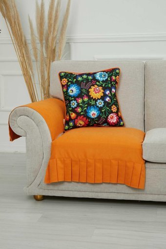 Aisha's Design KTK-3 Polyester Örgü Pileli Süngersiz Düz Turuncu Tekli Koltuk Örtüsü 90x75 cm