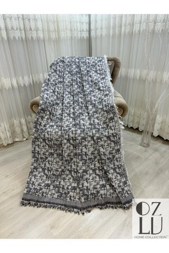Özlü Home Pamuklu - Polyester Örgü Saçaklı Süngersiz Çizgili Antrasit Tekli Koltuk Örtüsü 170x220 cm