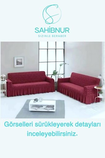Sahibnur Pamuklu - Polyester Likralı Jakarlı Süngersiz Geometrik Desenli Giydirmeli Bordo İkili Koltuk Örtüsü 185x215 cm
