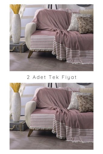 Lux Touch Olimpos Pamuklu Püsküllü Süngersiz Geometrik Desenli Kiremit Tekli Koltuk Örtüsü 180x200 cm