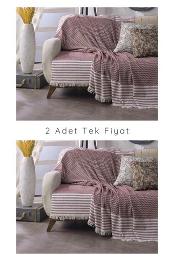 Lux Touch Olimpos Pamuklu Püsküllü Süngersiz Geometrik Desenli Kiremit Tekli Koltuk Örtüsü 180x200 cm