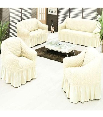 Nusret Pamuklu - Polyester Bürümcük Fırfırlı Süngersiz Kareli Giydirmeli Bej Dörtlü Koltuk Örtüsü 180x230 cm