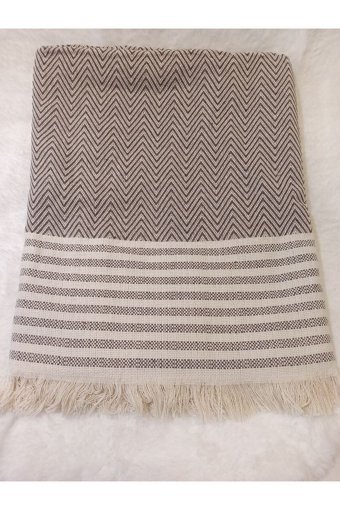Şener Home Pamuklu Polar Saçaklı Süngersiz Çizgili Kahverengi Tekli Koltuk Örtüsü 170x220 cm