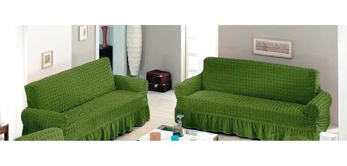 Altın Kelebek Pamuklu - Polyester Bürümcük Fırfırlı Süngersiz Giydirmeli Lastikli Yeşil İkili Koltuk Örtüsü 140x180 cm