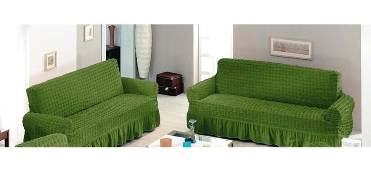 Altın Kelebek Pamuklu - Polyester Bürümcük Fırfırlı Süngersiz Giydirmeli Lastikli Yeşil İkili Koltuk Örtüsü 140x180 cm