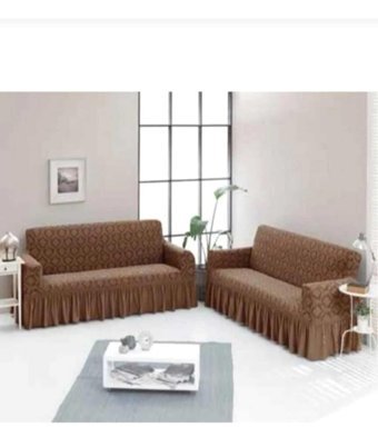 Akbu Pamuklu - Polyester Fırfırlı Süngersiz Geometrik Desenli Giydirmeli Lastikli Kahverengi İkili Koltuk Örtüsü 180x215 cm