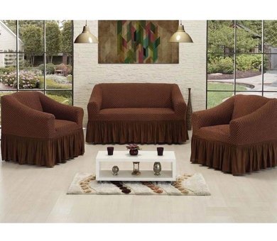 Altınkoza Pamuklu - Polyester Likralı Fırfırlı Süngersiz Petek Desenli Giydirmeli Lastikli Kahverengi Dörtlü Koltuk Örtüsü 84x203 cm