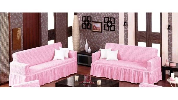Altın Kelebek Polyester Bürümcük Fırfırlı Süngersiz Giydirmeli Lastikli Pembe İkili Koltuk Örtüsü 140x180 cm