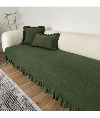 Lilyum Kadife Fırfırlı Süngersiz Çizgili Yeşil Tekli Koltuk Örtüsü 200x110 cm