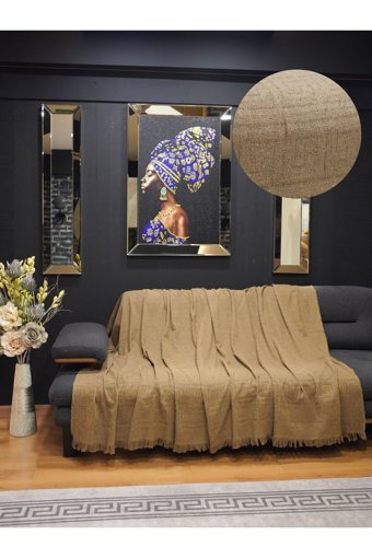 Star Home Collections Pamuklu Polar Saçaklı Süngersiz Çizgili Kahverengi Tekli Koltuk Örtüsü 170x200 cm