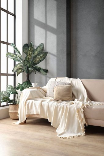 Miracolo Home Pamuklu Püsküllü Süngersiz Çizgili Ekru Tekli Koltuk Örtüsü 170x230 cm