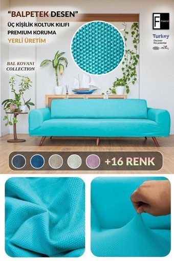 Faiend Polyester Süngersiz Düz Giydirmeli Turkuaz Üçlü Koltuk Örtüsü 180x230 cm