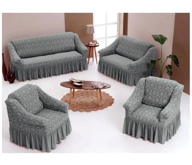 Uytm Pamuklu - Polyester Likralı Drapeli Süngerli Çiçek Desenli Giydirmeli Gri Dörtlü Koltuk Örtüsü 180x230 cm