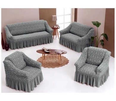 Uytm Pamuklu - Polyester Likralı Drapeli Süngerli Çiçek Desenli Giydirmeli Gri Dörtlü Koltuk Örtüsü 180x230 cm