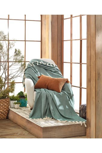 Miracolo Home Pamuklu Püsküllü Süngersiz Çizgili Yeşil Tekli Koltuk Örtüsü 170x230 cm