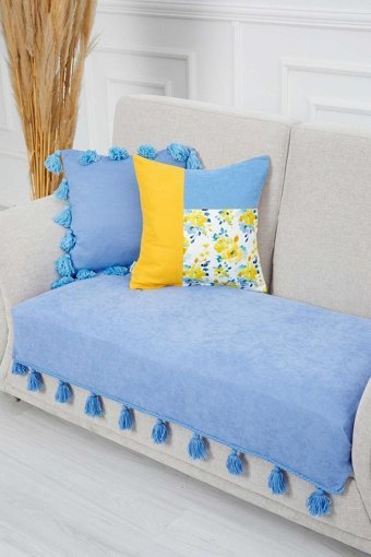Aisha's Design KO-26-IK Polyester Örgü Püsküllü Süngersiz Düz Mavi Tekli Koltuk Örtüsü 90x155 cm