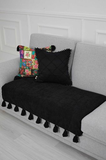 Aisha's Design KO-19-IK Polyester Örgü Püsküllü Süngersiz Düz Siyah Tekli Koltuk Örtüsü 90x155 cm