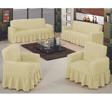 Bilgiçler Pamuklu - Polyester Bürümcük Fırfırlı Süngersiz Giydirmeli Lastikli Krem Dörtlü Koltuk Örtüsü 183x230 cm