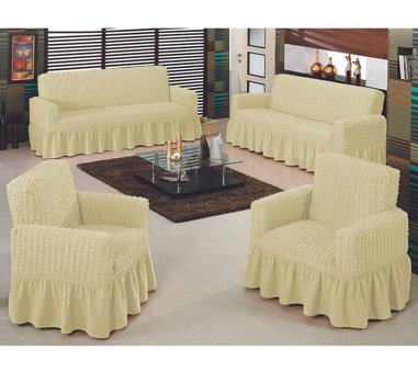 Bilgiçler Pamuklu - Polyester Bürümcük Fırfırlı Süngersiz Giydirmeli Lastikli Krem Dörtlü Koltuk Örtüsü 183x230 cm