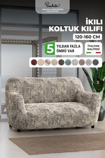 Paulato Mikrofiber Likralı Jakarlı Süngersiz Çizgili Giydirmeli Bej İkili Koltuk Örtüsü 100x160 cm
