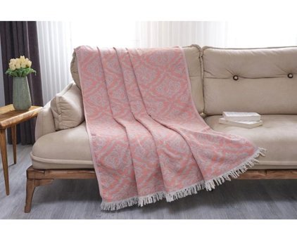 Gleam Atelier Pink Royal Pamuklu Saçaklı Süngersiz Damask Desenli Pembe Tekli Koltuk Örtüsü 130x190 cm