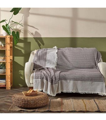 Homease Pamuklu Püsküllü Süngersiz Zikzaklı Kahverengi Tekli Koltuk Örtüsü 170x210 cm