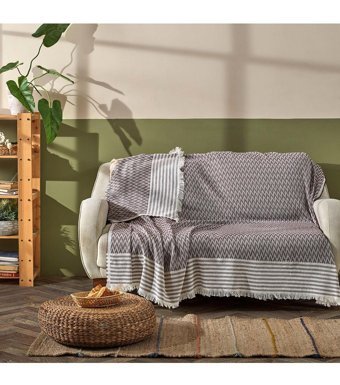 Homease Pamuklu Püsküllü Süngersiz Zikzaklı Kahverengi Tekli Koltuk Örtüsü 170x210 cm