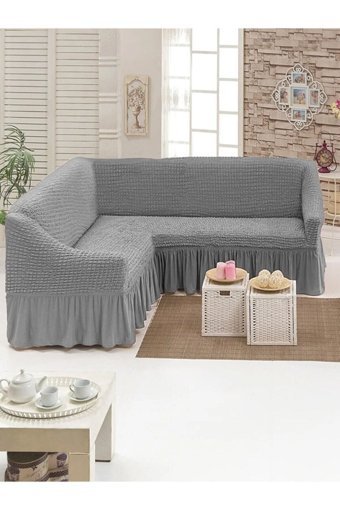 Heytgah Pamuklu - Polyester Bürümcük Fırfırlı Süngersiz Kapitone Giydirmeli Gri L Koltuk Koltuk Örtüsü 180x350 cm