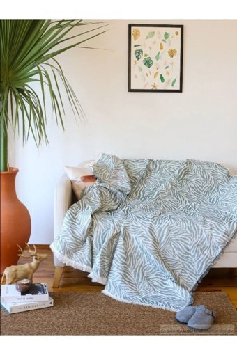 Xamantha Pamuklu Polar Saçaklı Süngersiz Çizgili Yeşil Tekli Koltuk Örtüsü 160x210 cm