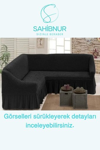 Sahibnur Pamuklu - Polyester Bürümcük Jakarlı Süngersiz Geometrik Desenli Giydirmeli Siyah Tekli Koltuk Örtüsü 180x350 cm