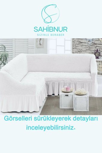 Sahibnur Pamuklu - Polyester Bürümcük Jakarlı Süngersiz Geometrik Desenli Giydirmeli Beyaz Tekli Koltuk Örtüsü 180x350 cm