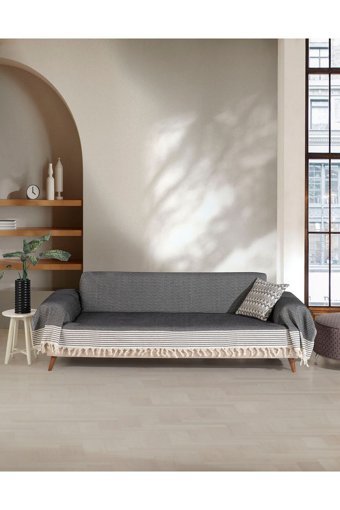 Lux Touch Pamuklu Püsküllü Süngersiz Geometrik Desenli Siyah Tekli Koltuk Örtüsü 180x300 cm