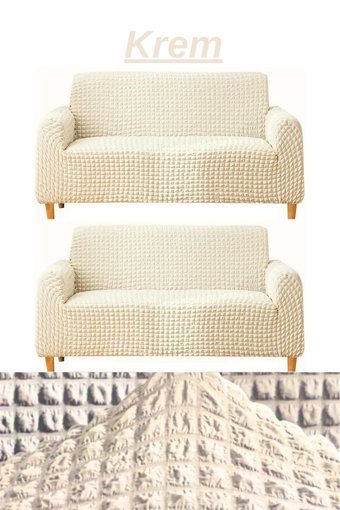 Furkanticaret Polyester Bürümcük Süngersiz Düz Giydirmeli Bej İkili Koltuk Örtüsü 180x230 cm