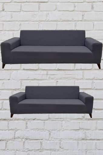 Şahane Ev Mikro Polyester Likralı Jakarlı Süngersiz Düz Giydirmeli Lastikli Gri Üçlü Koltuk Örtüsü 55x69 cm