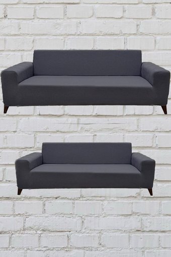 Şahane Ev Mikro Polyester Likralı Jakarlı Süngersiz Düz Giydirmeli Lastikli Gri Üçlü Koltuk Örtüsü 55x69 cm