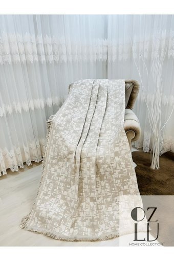 Özlü Home Pamuklu Örgü Saçaklı Süngersiz Kamuflaj Desenli Bej Tekli Koltuk Örtüsü 170x220 cm