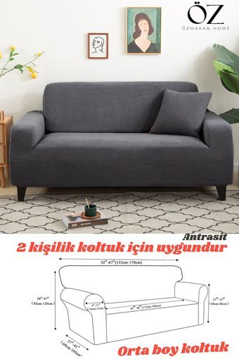 Özmakan Polyester Likralı Jakarlı Süngersiz Petek Desenli Giydirmeli Gri İkili Koltuk Örtüsü 130x170 cm