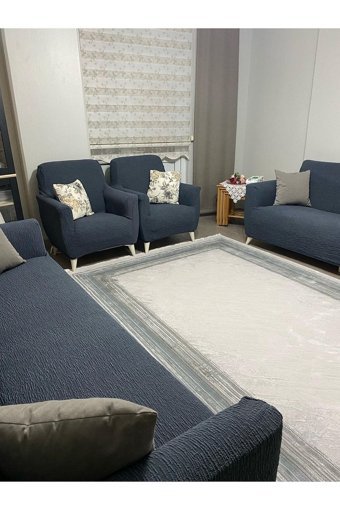 Uyumev Pamuklu - Polyester Likralı Jakarlı Süngerli Çizgili Giydirmeli Antrasit Dörtlü Koltuk Örtüsü 180x230 cm