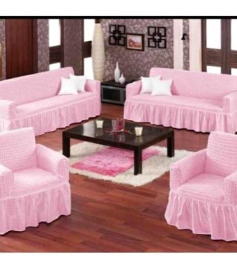 Nera Home Pamuklu - Polyester Bürümcük Fırfırlı Süngersiz Geometrik Desenli Giydirmeli Pembe Dörtlü Koltuk Örtüsü 100x100 cm
