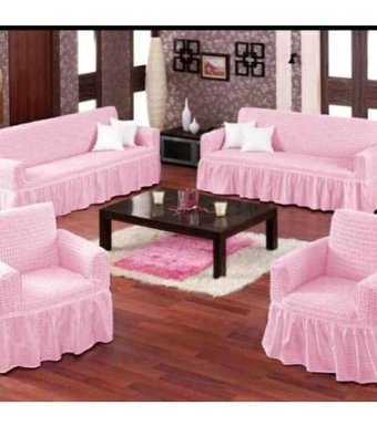 Nera Home Pamuklu - Polyester Bürümcük Fırfırlı Süngersiz Geometrik Desenli Giydirmeli Pembe Dörtlü Koltuk Örtüsü 100x100 cm