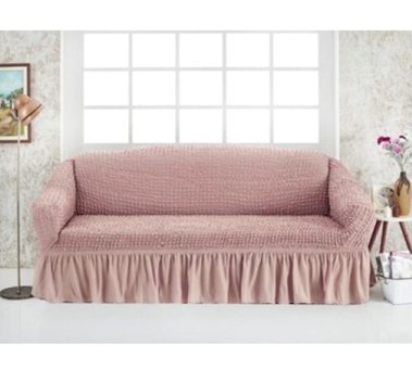 Evren Ev Tekstil Pamuklu - Polyester Bürümcük Fırfırlı Süngersiz Kapitone Giydirmeli Pembe Üçlü Koltuk Örtüsü
