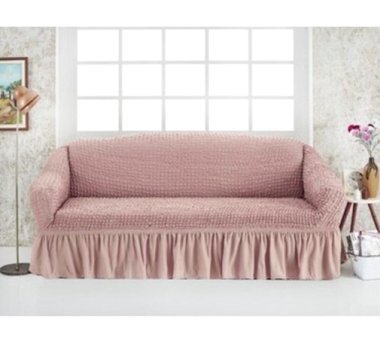 Evren Ev Tekstil Pamuklu - Polyester Bürümcük Fırfırlı Süngersiz Kapitone Giydirmeli Pembe Üçlü Koltuk Örtüsü