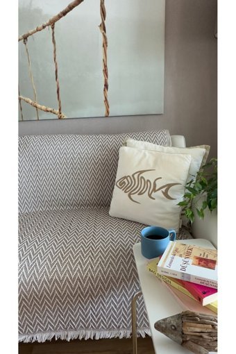 Lapipa Pamuklu Saçaklı Süngersiz Armürlü Bej Tekli Koltuk Örtüsü 170x210 cm