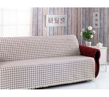 Buldan Pamuklu Kanvas Saçaklı Süngersiz Ekoseli Bordo Üçlü Koltuk Örtüsü 180x220 cm