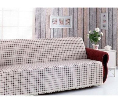 Buldan Pamuklu Kanvas Saçaklı Süngersiz Ekoseli Bordo Üçlü Koltuk Örtüsü 180x220 cm