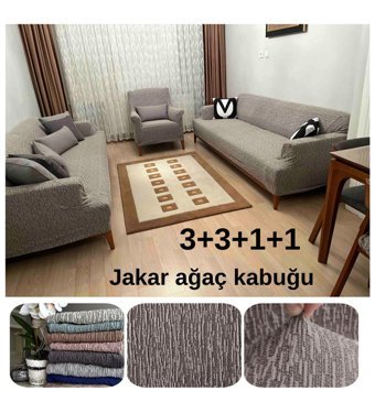 Etles Home Pamuklu - Polyester Likralı Jakarlı Süngersiz Armürlü Giydirmeli Kahverengi Yedili Koltuk Örtüsü 185x220 cm