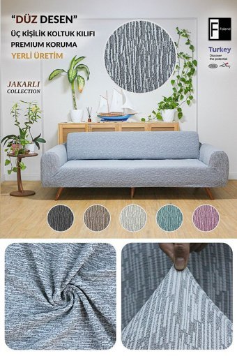 Faiend Pamuklu Jakarlı Süngersiz Kırçıllı Giydirmeli Mavi Üçlü Koltuk Örtüsü 180x220 cm
